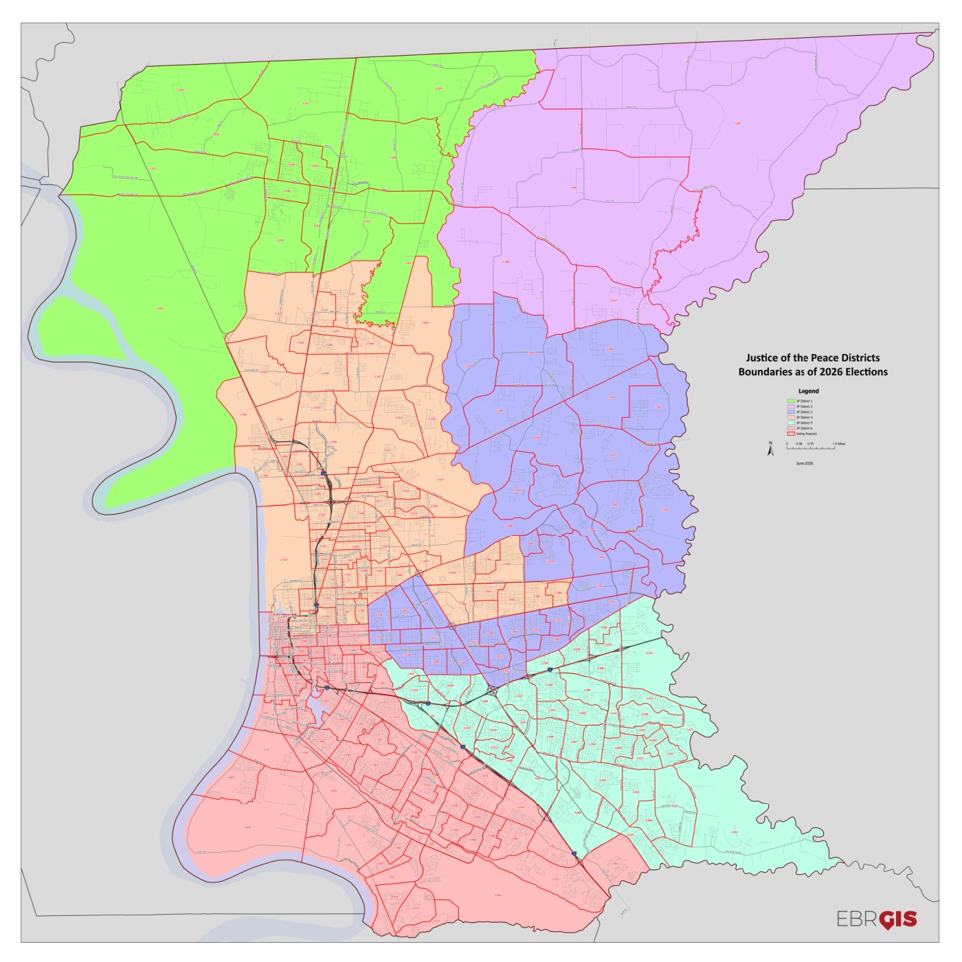 Official map of the six Justice of the Peace districts in East Baton Rouge Parish, June 2026. District 6 is shown in pink.